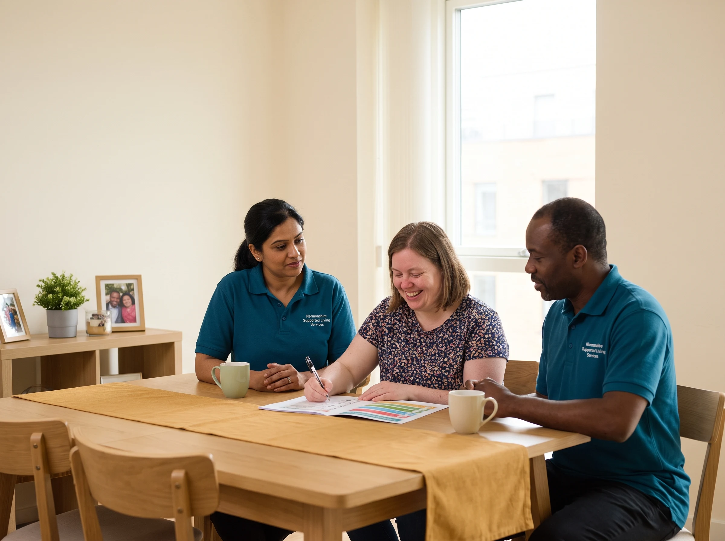 Support workers reviewing a person-centred support plan with a woman in her supported living home in Waltham Forest