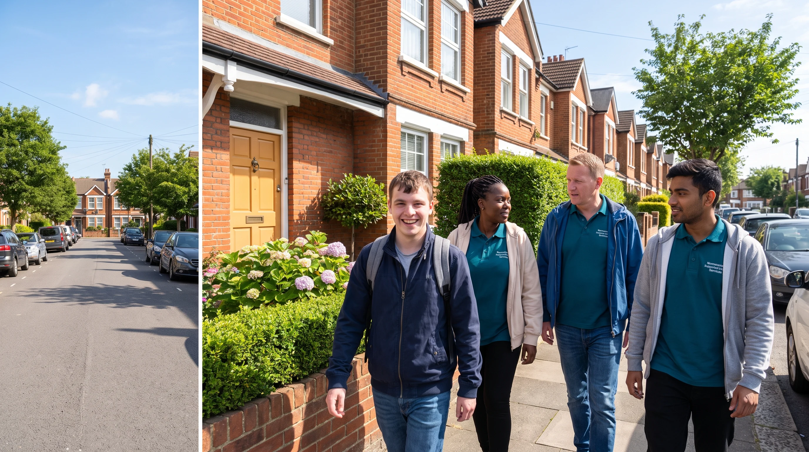 Young man walking through a Chingford residential street with Normanshire support workers in Waltham Forest