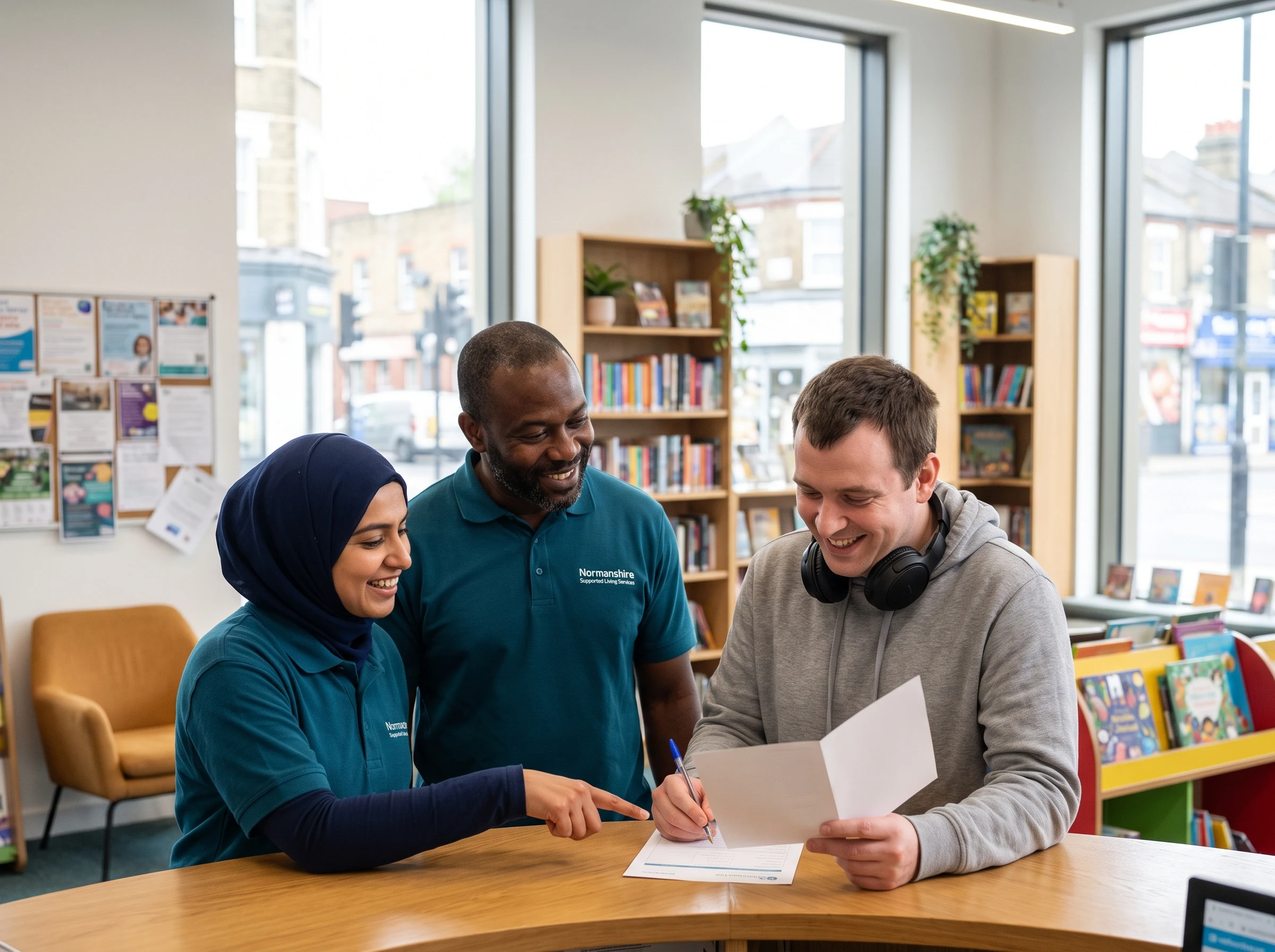 Autistic man joining a community group at a Walthamstow library with Normanshire support workers