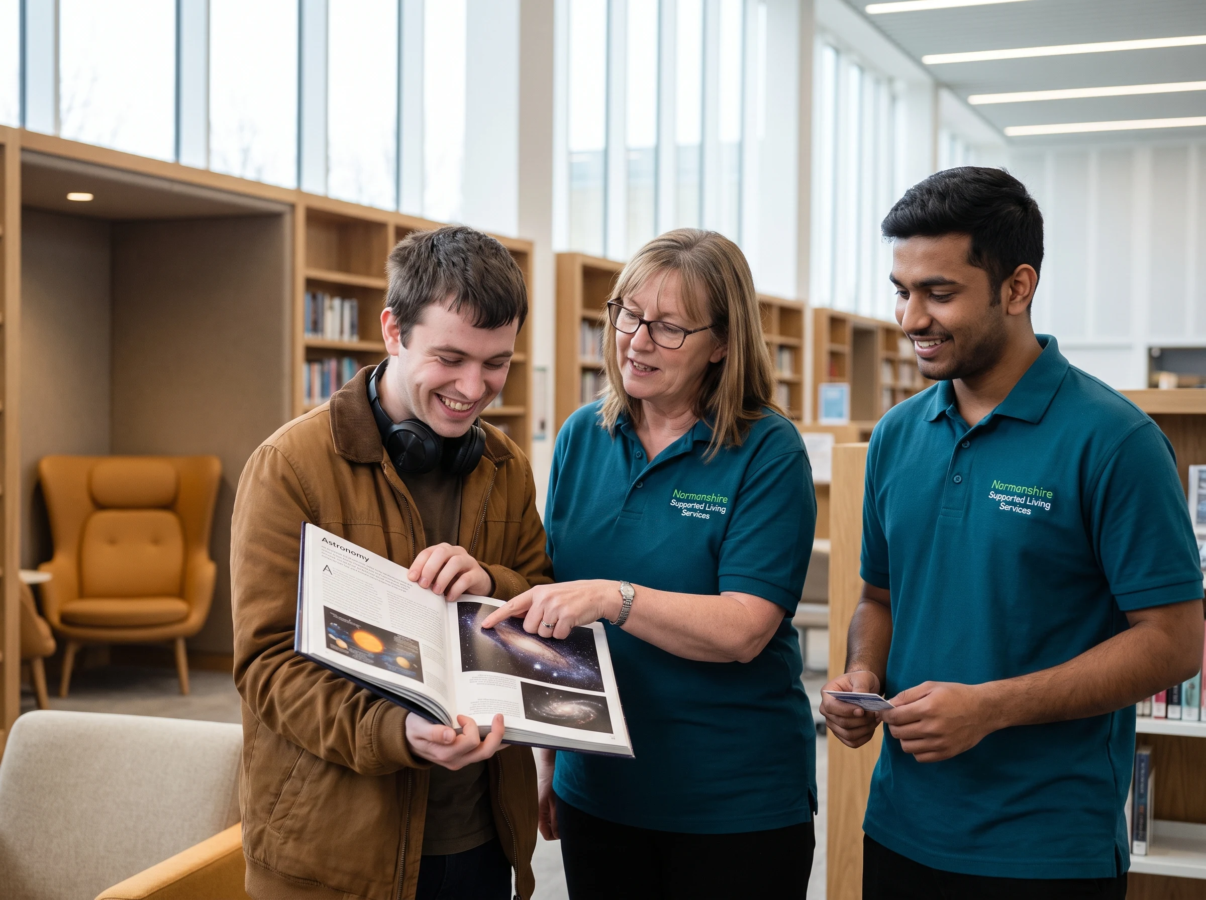 Autistic man exploring astronomy books in a quiet East London library with Normanshire support workers