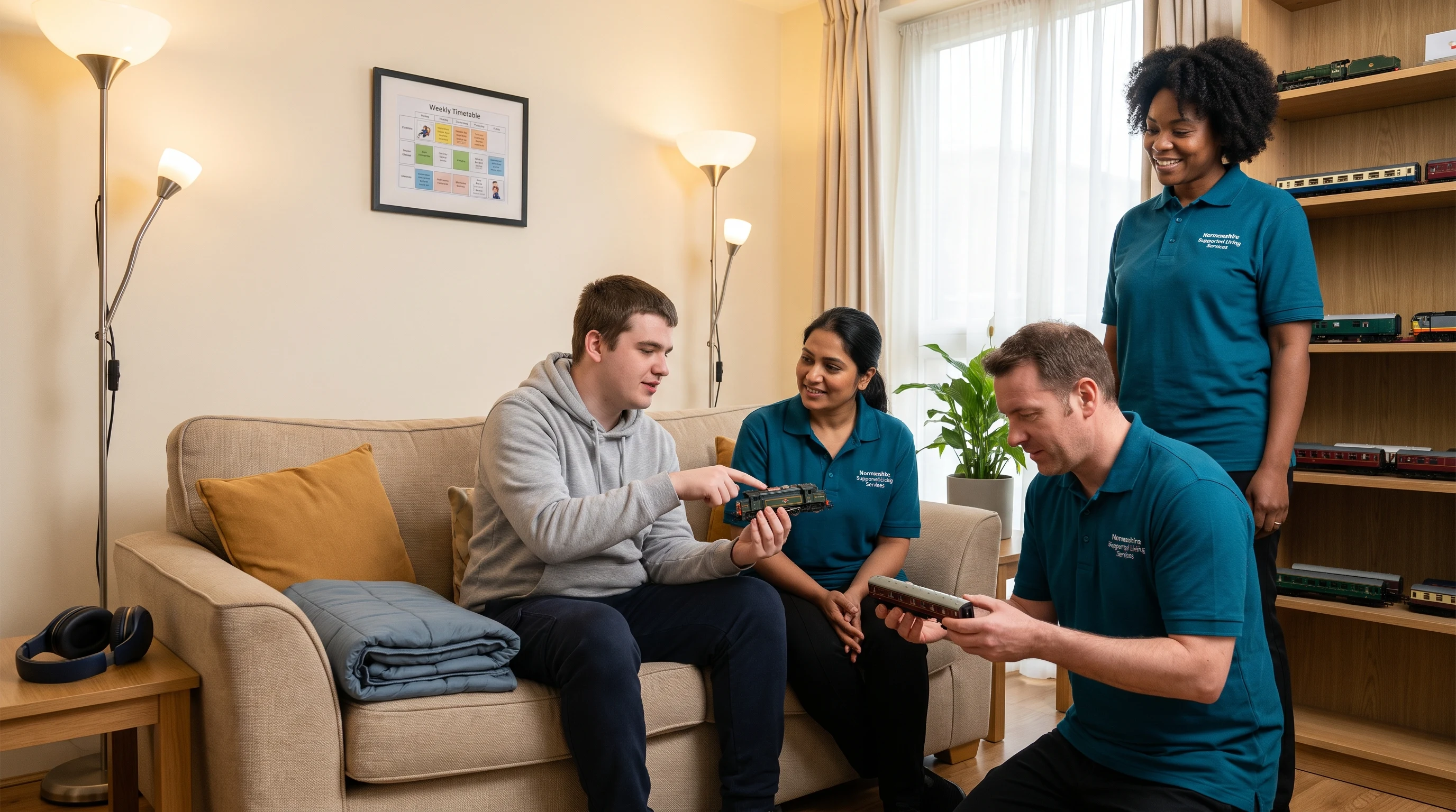 Autistic young man sharing his model train collection with Normanshire support workers in his calm supported living home in Waltham Forest