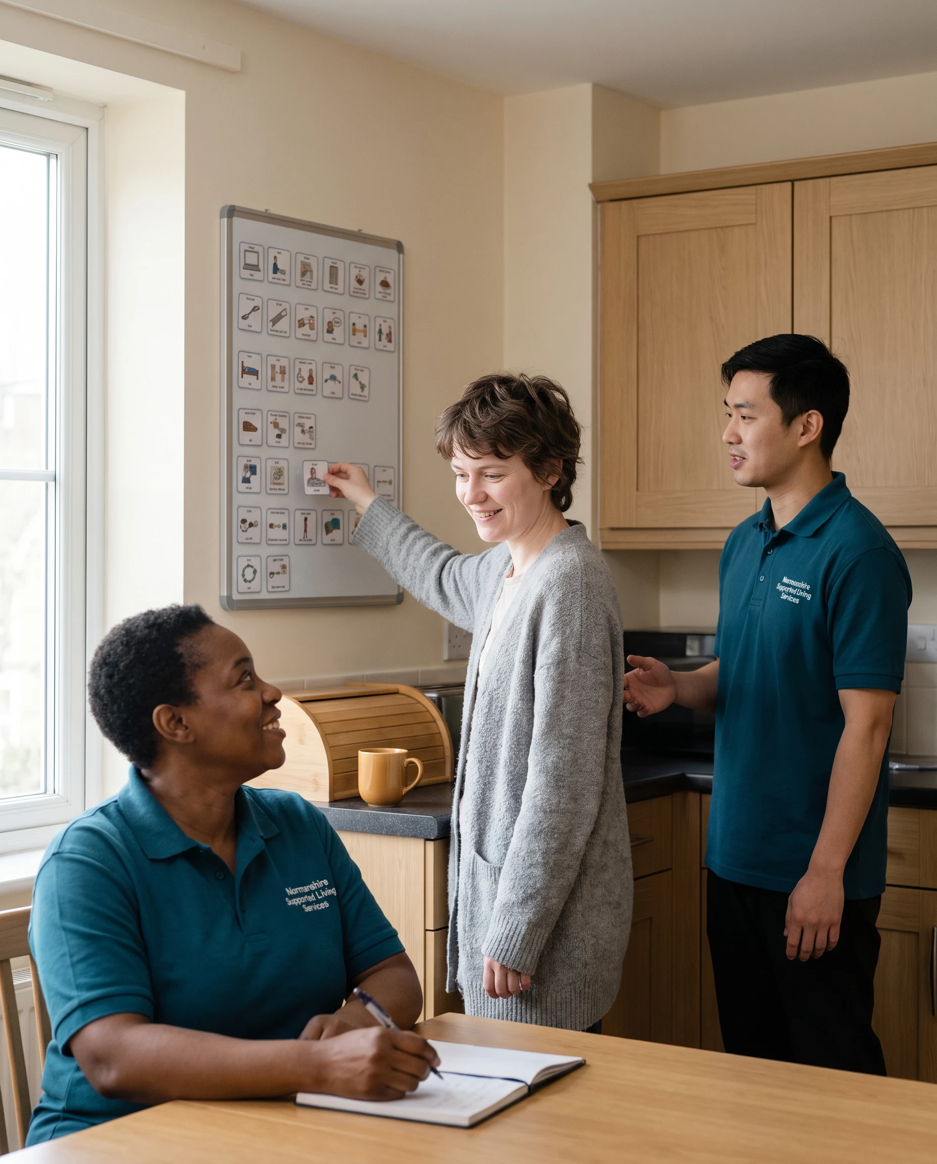 Autistic woman planning her daily routine on a visual timetable with Normanshire support workers in Chingford
