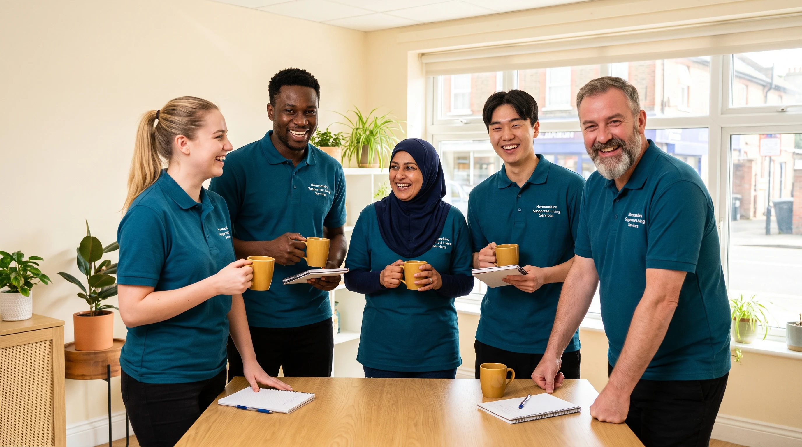 Friendly team of Normanshire support workers enjoying a team catch up at their Chingford office in Waltham Forest