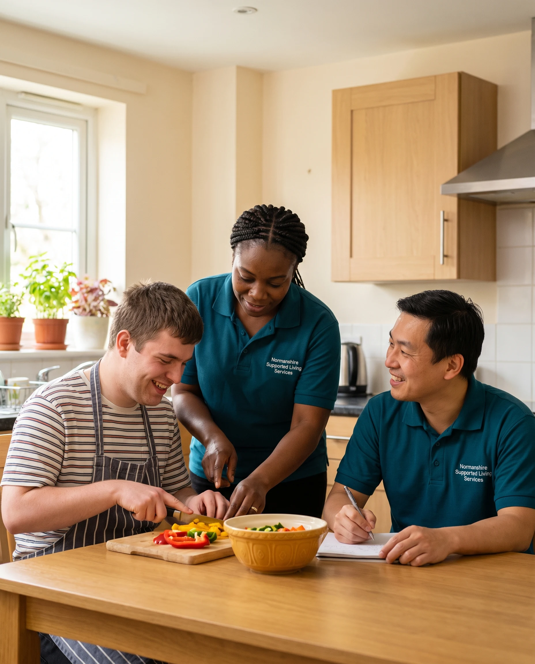 Support worker helping a young man cook while a colleague keeps records, showing a support worker role in Chingford
