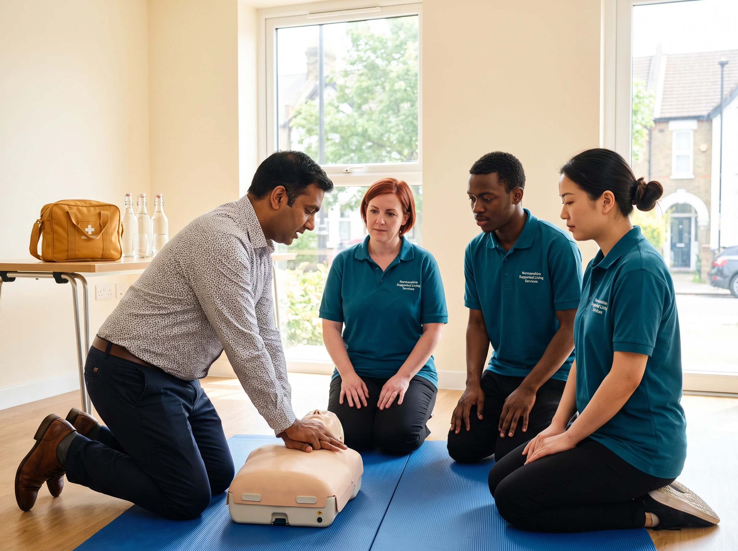 New Normanshire support workers practising first aid during a training session in Waltham Forest