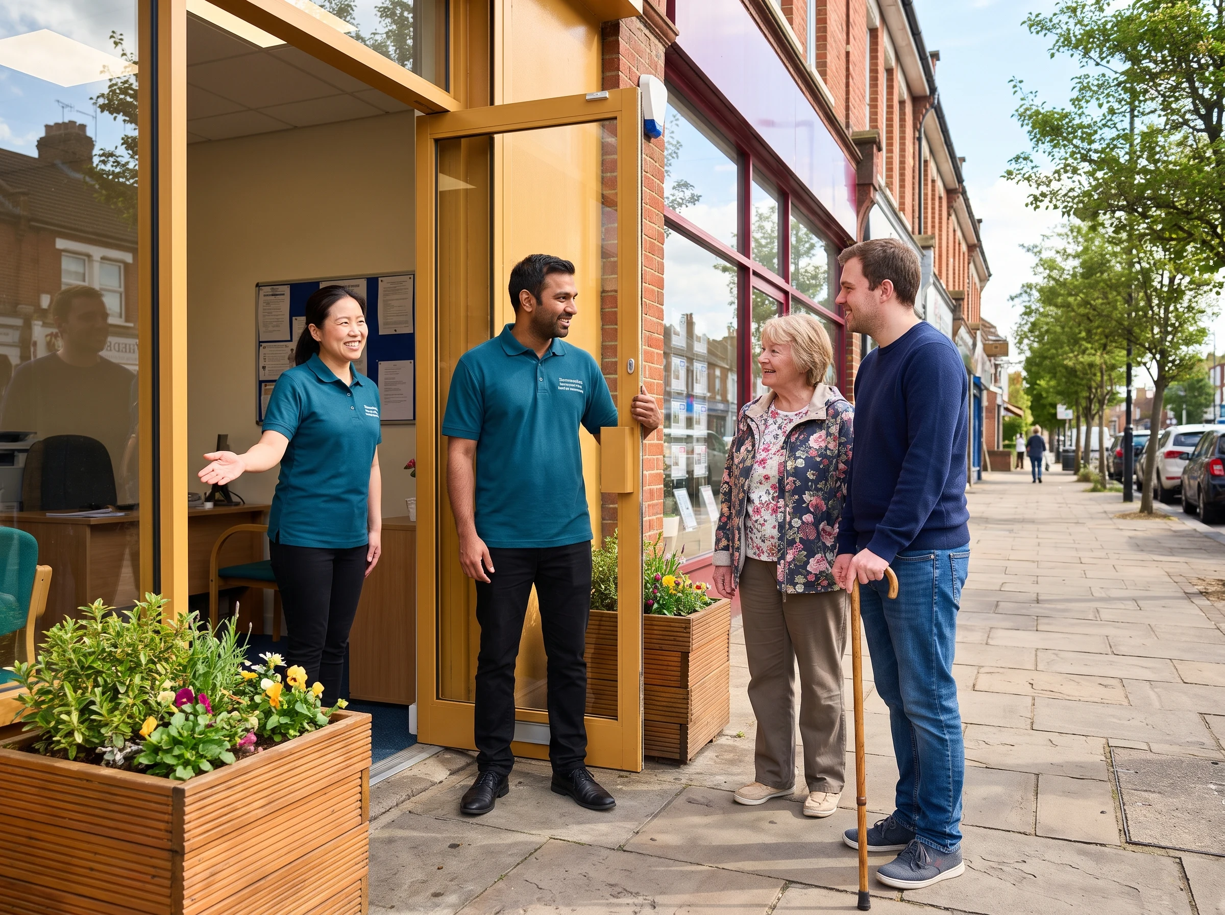 Normanshire support workers welcoming visitors at their office entrance on Old Church Road in Chingford
