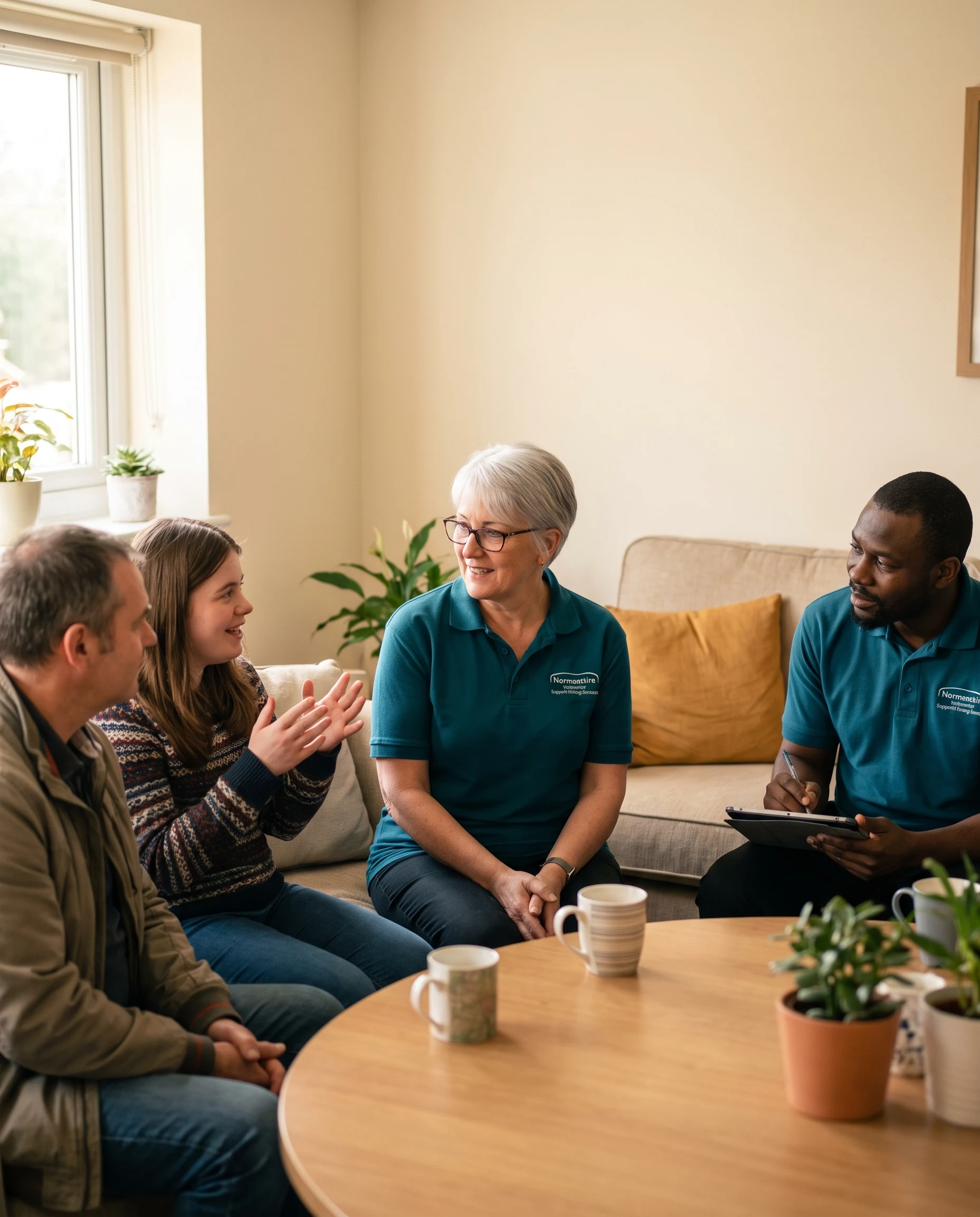 Young woman and her father having a first supported living conversation with Normanshire support workers in Waltham Forest