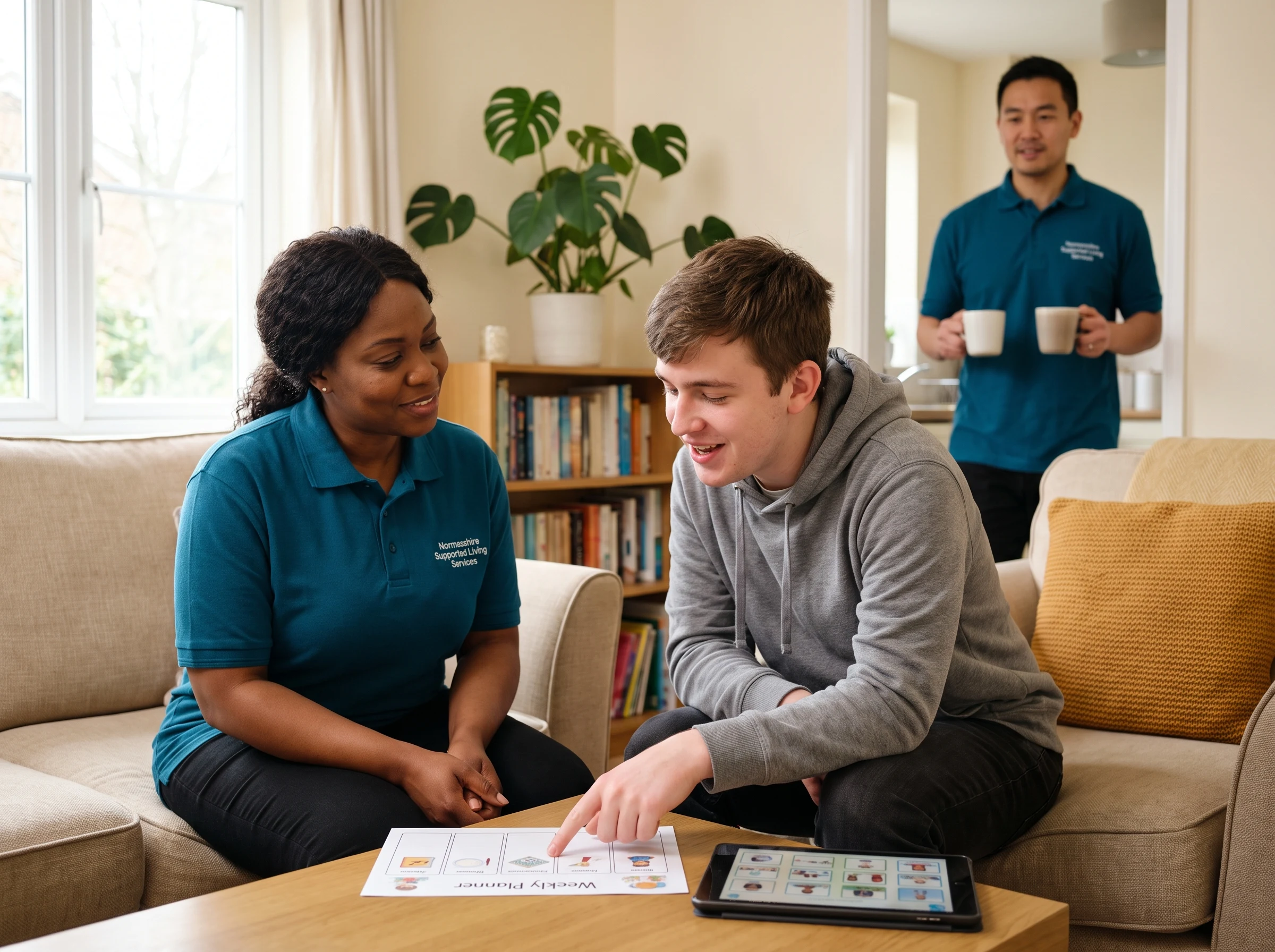 Support worker and autistic young man creating a person-centred weekly support plan at home in Chingford