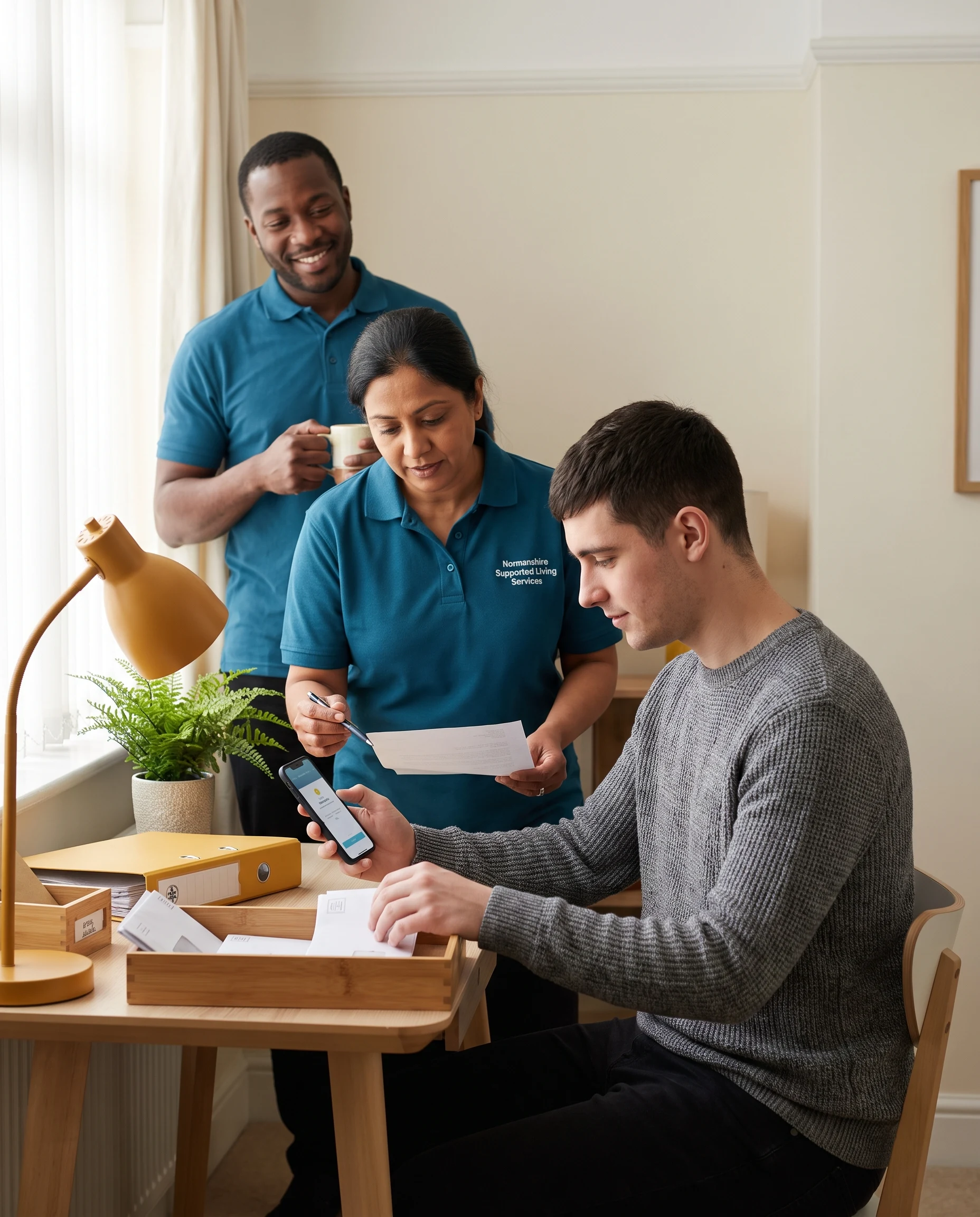 Young man managing his post and budget at home in Chingford with Normanshire money and tenancy support