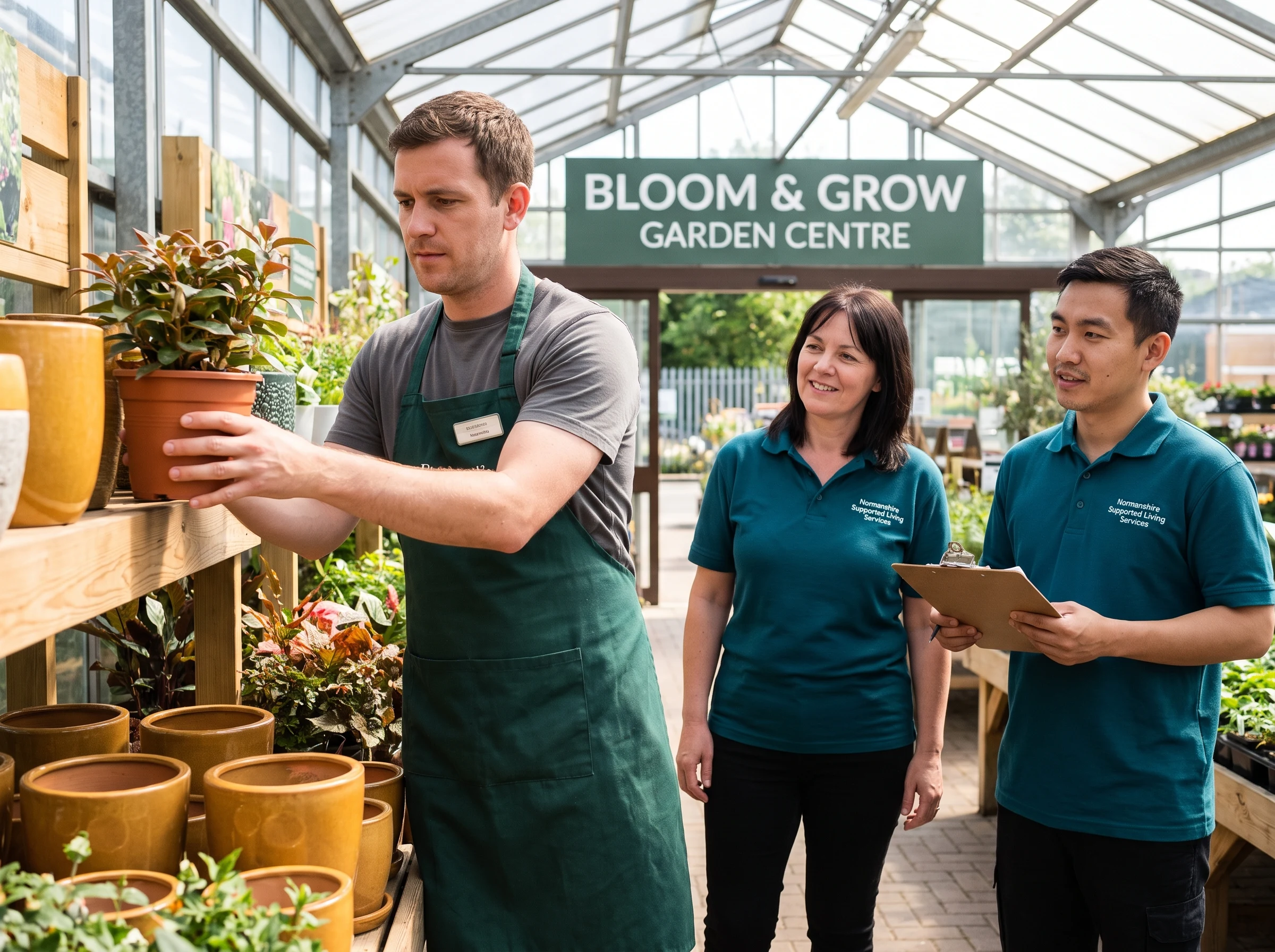 Man working independently at an East London garden centre while Normanshire support workers step back to encourage him