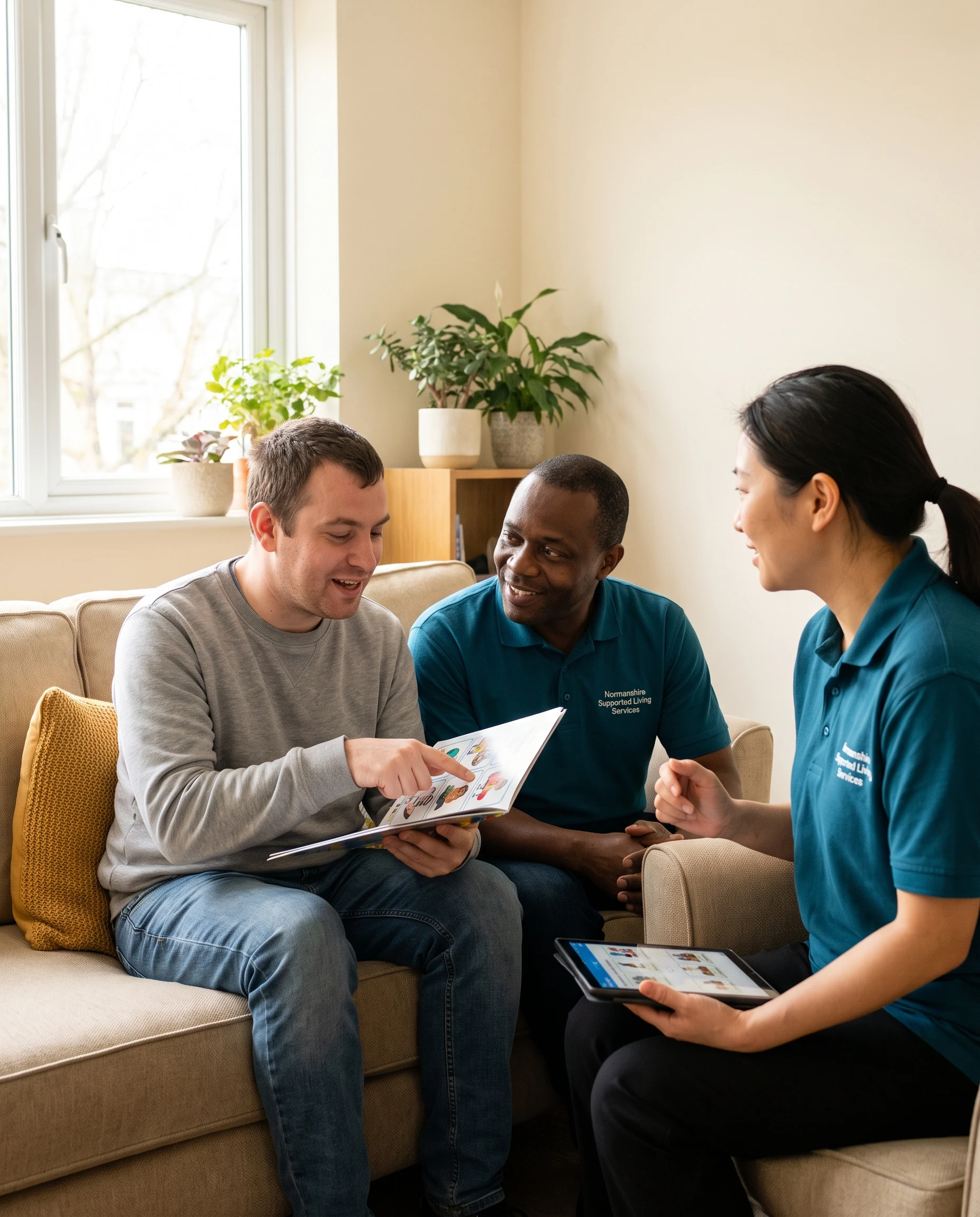 Man with a learning disability making choices using an easy read booklet with Normanshire support workers in Chingford