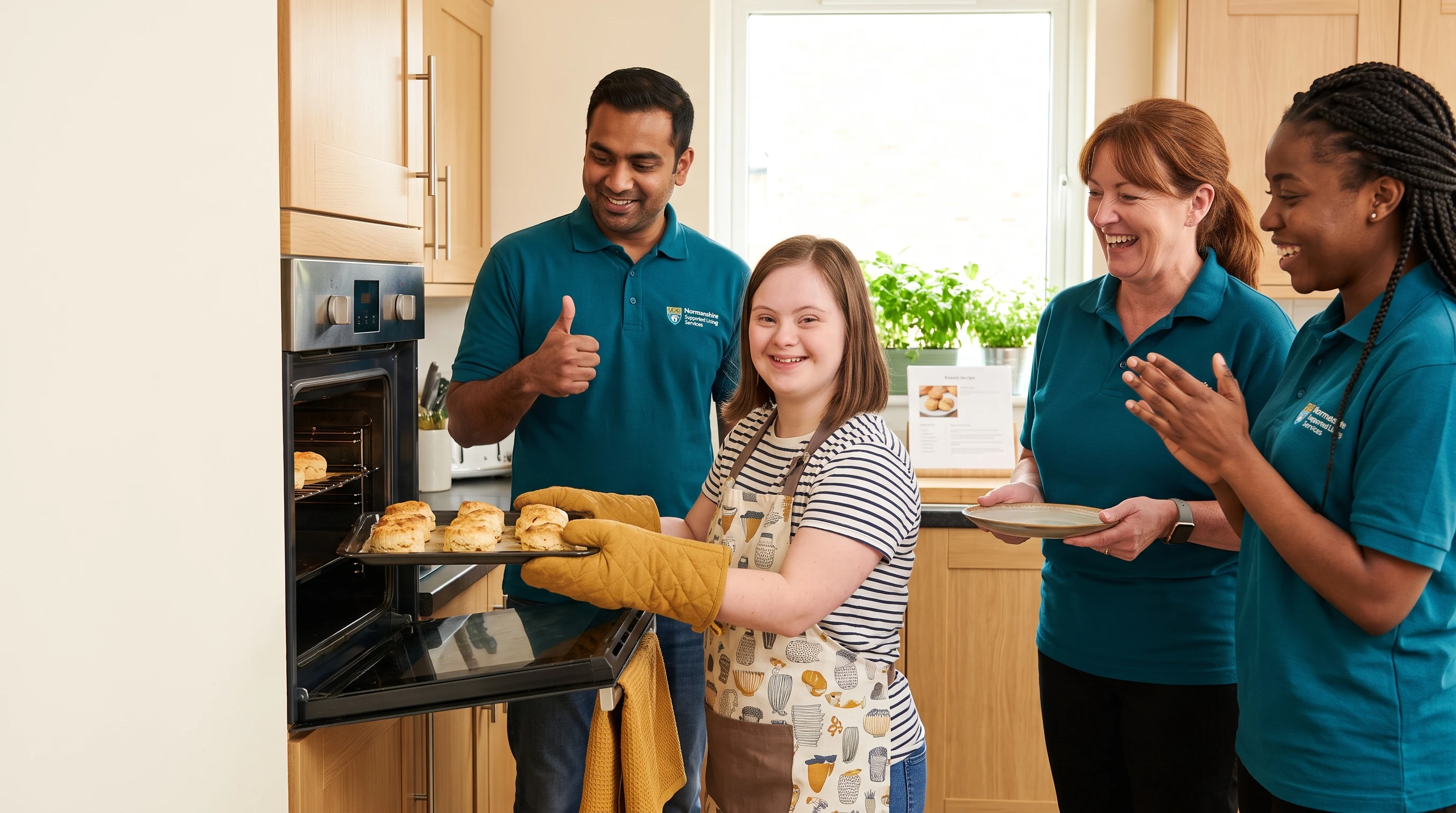 Young woman with a learning disability baking scones in her own kitchen with Normanshire support workers in Waltham Forest