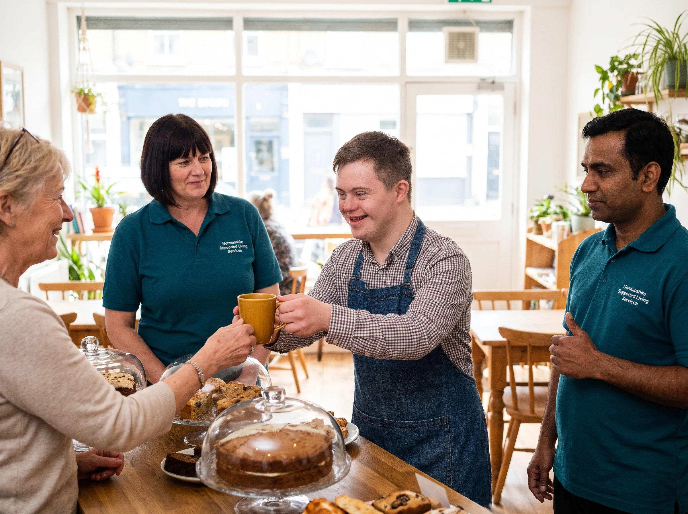 Young man with a learning disability volunteering at an East London community café supported by Normanshire support workers