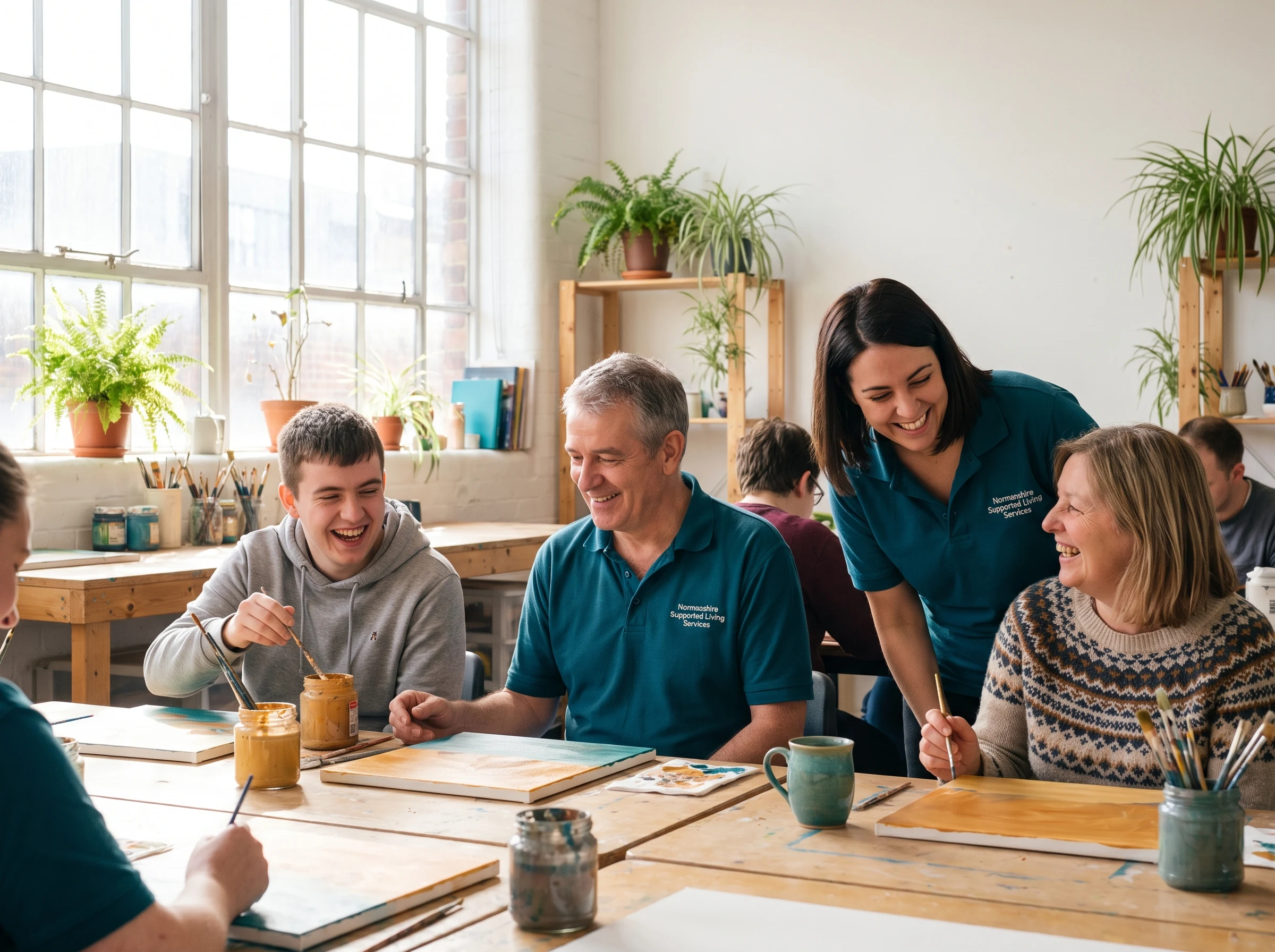 Adults enjoying a community art group in East London supported by Normanshire mental health support workers