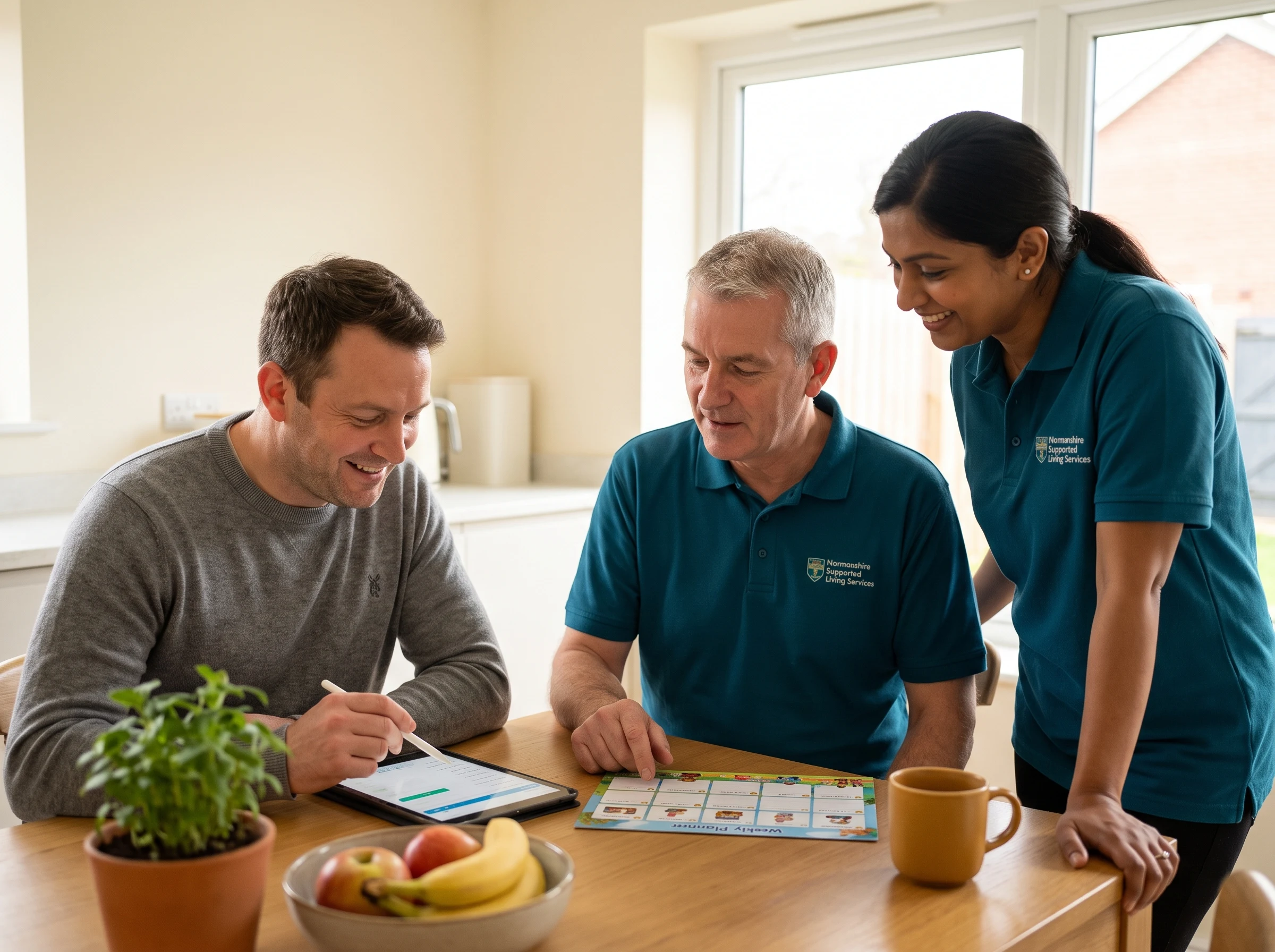 Man managing his weekly budget with support from Normanshire support workers in his supported living home in London