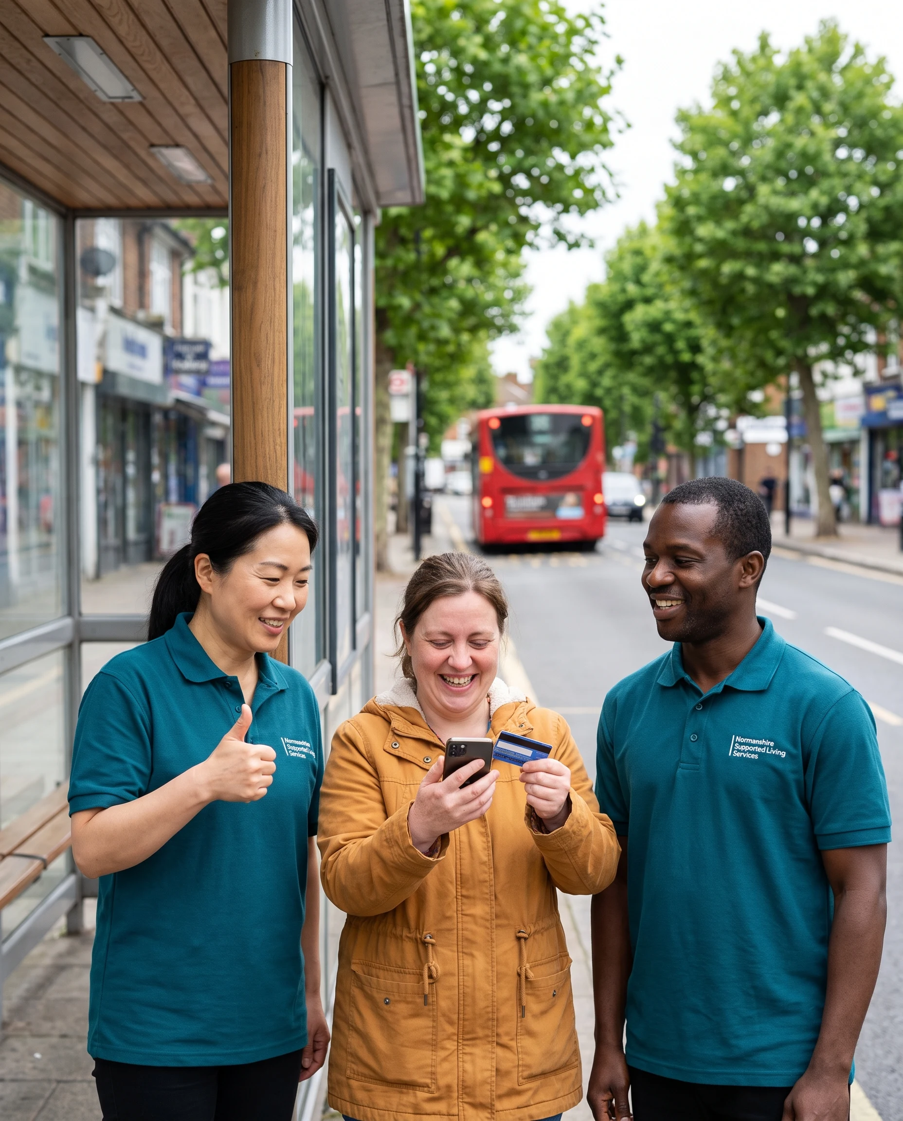 Woman practising independent travel at a Chingford bus stop with Normanshire support workers during travel training