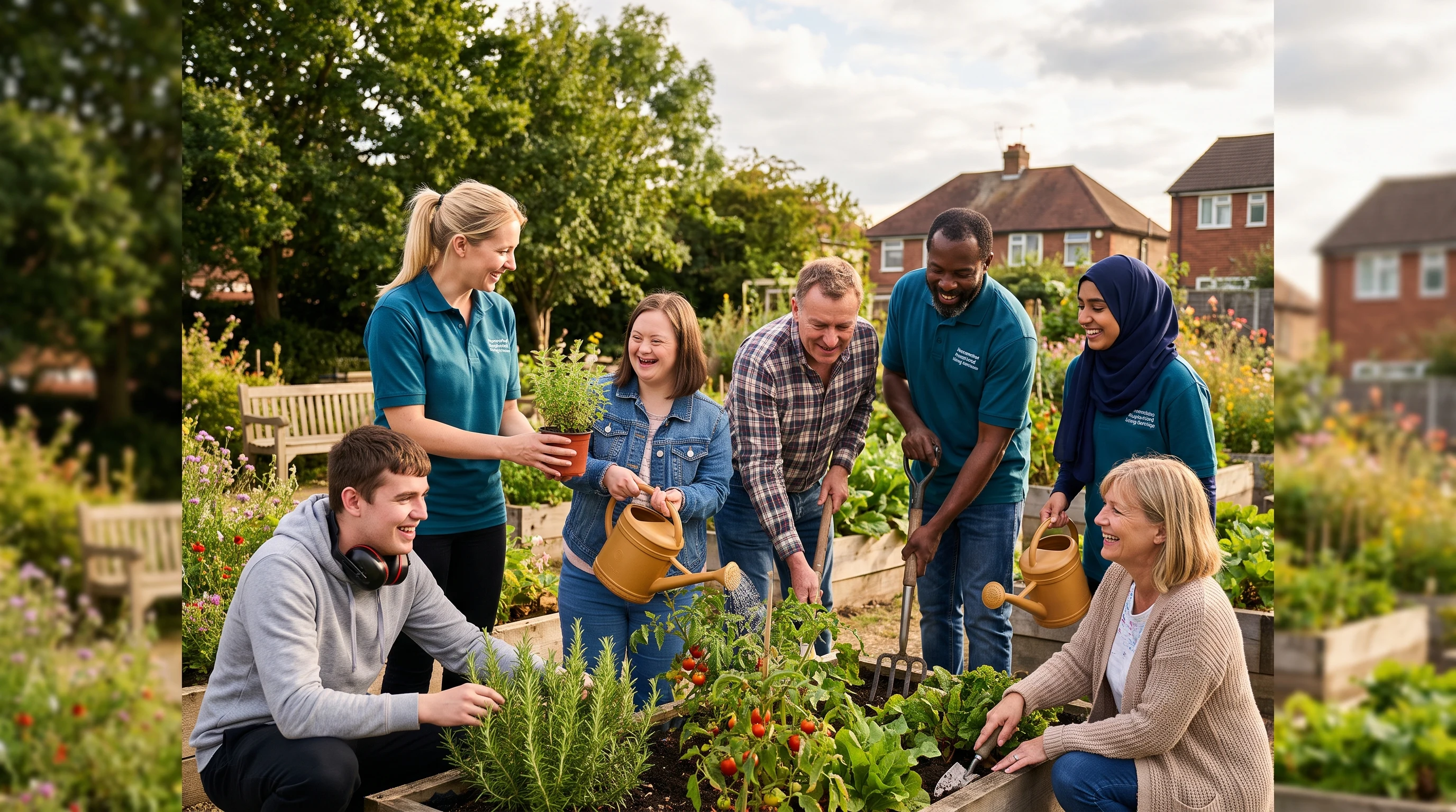 Adults with autism and learning disabilities gardening with Normanshire support workers in a Waltham Forest community garden